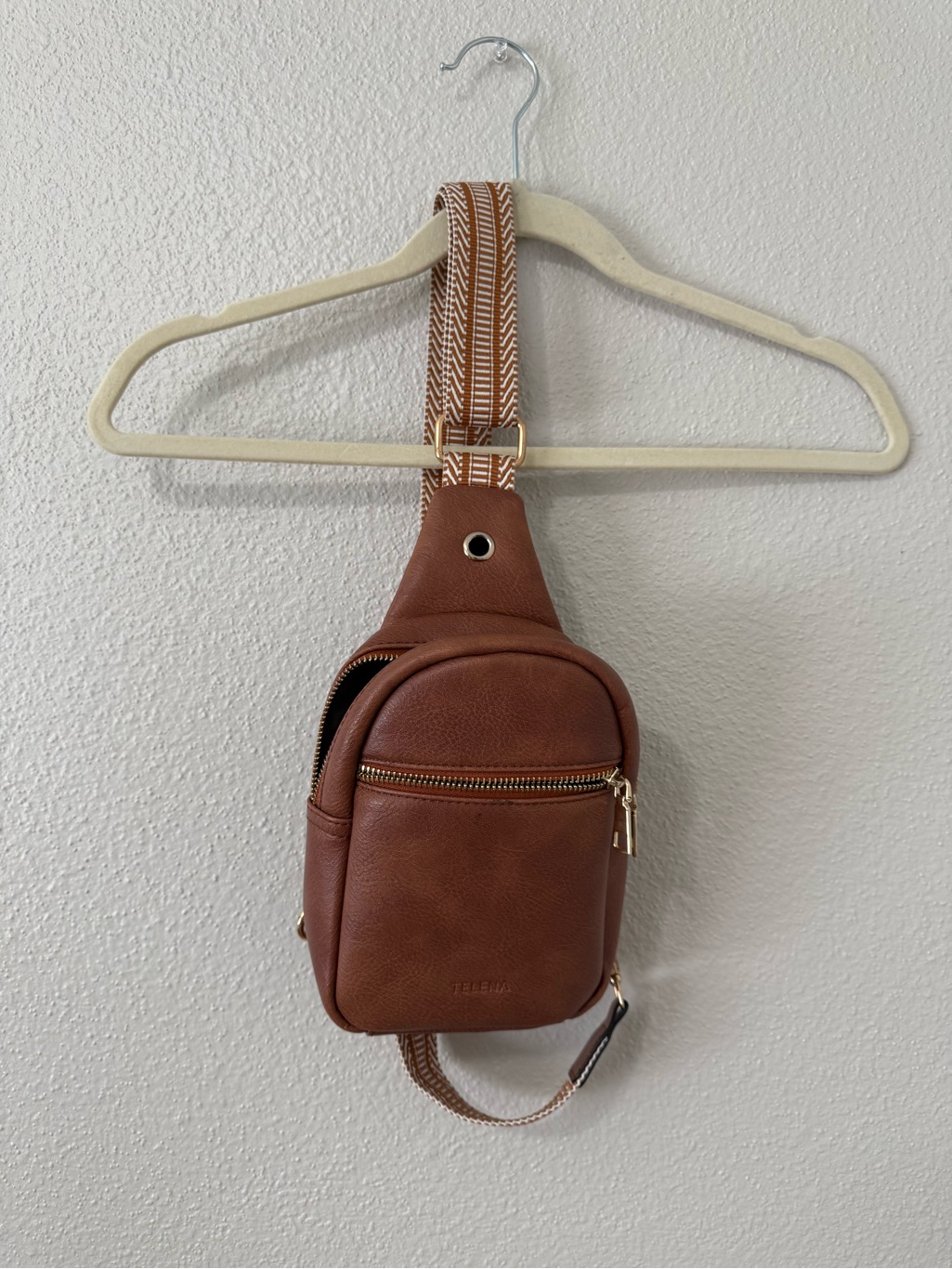 Tan Leather Crossbody Sling Bag With Striped Strap